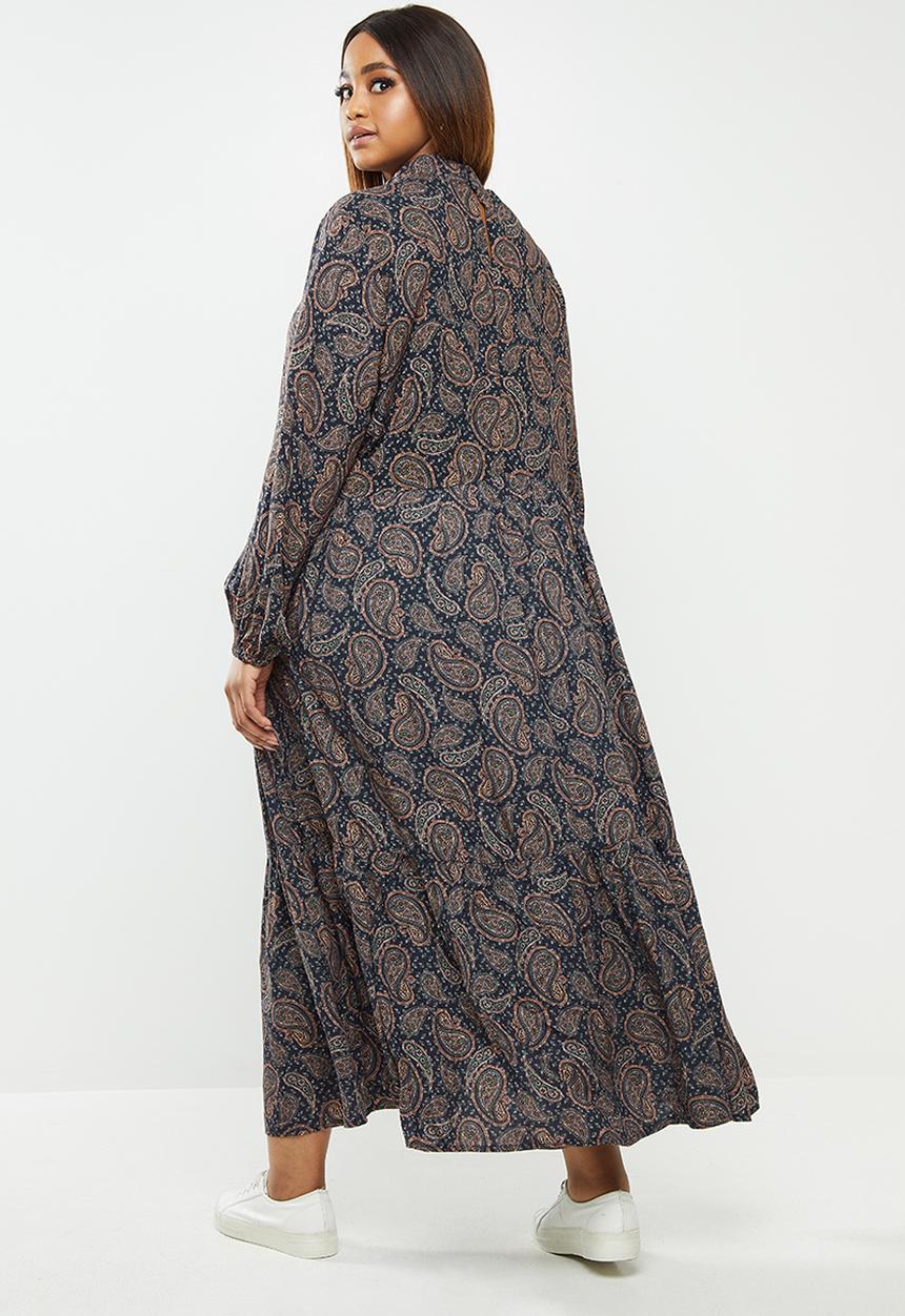 edit Plus - Long sleeve tiered maxi floral dress - navy & orange 