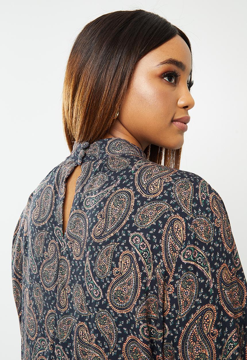 edit Plus - Long sleeve tiered maxi floral dress - navy & orange 