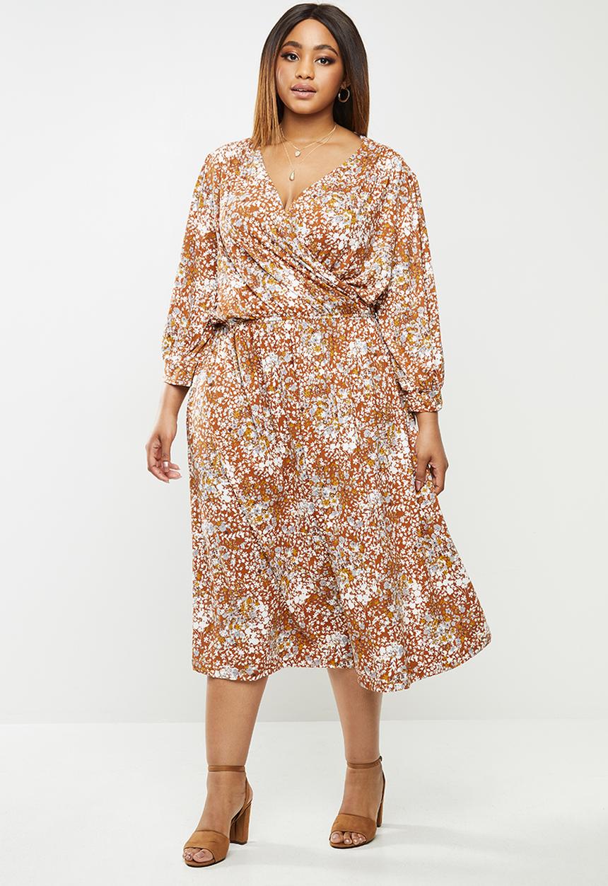 edit Plus - Balloon sleeve wrap tier dress - rust