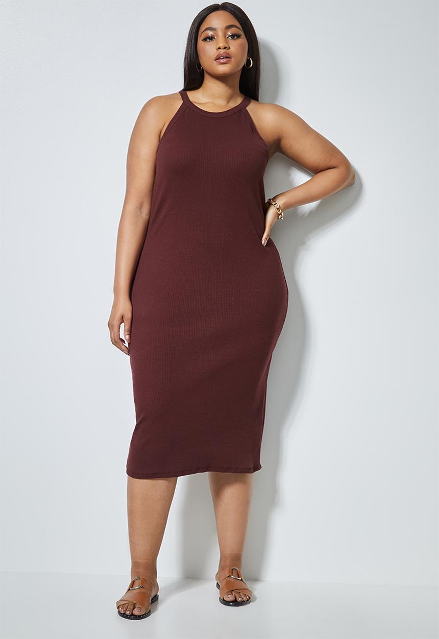 Superbalist - Rib highneck bodycon - burgundy