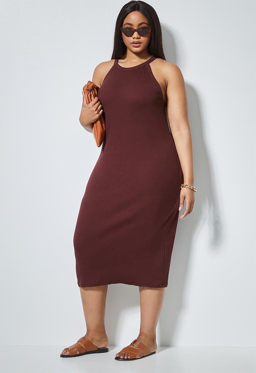 Superbalist - Rib highneck bodycon - burgundy