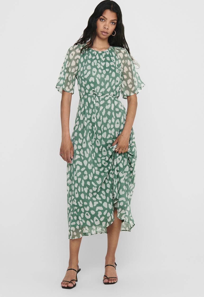Jacqueline de Yong - Sally 2/4 mid calf dress - green & white 