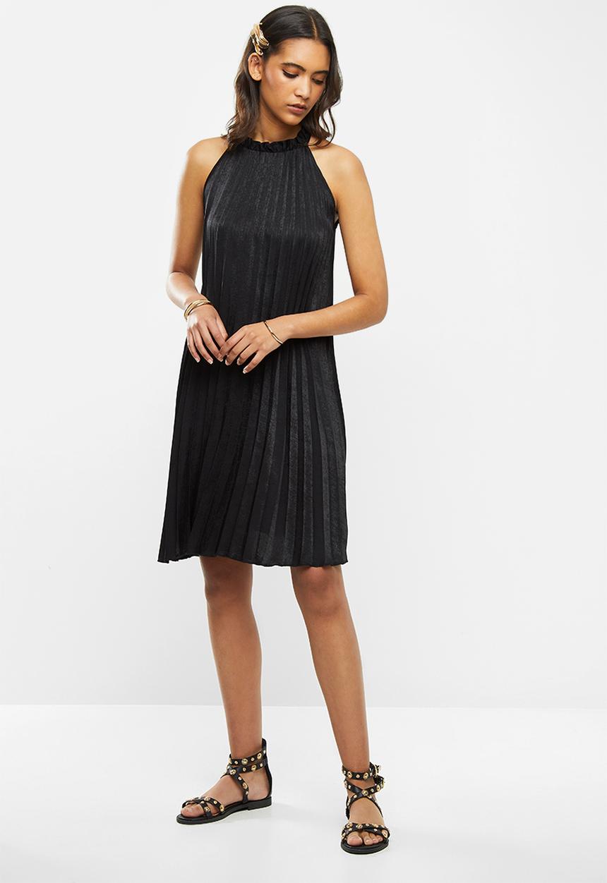 VELVET - Hammer satin pleated halter midi dress - black