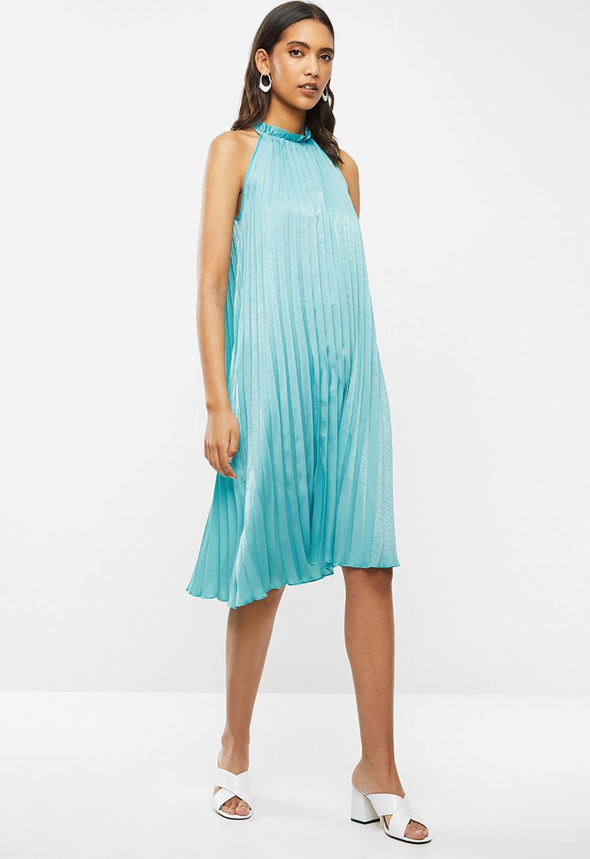 VELVET - Hammer satin pleated halter midi dress - aqua