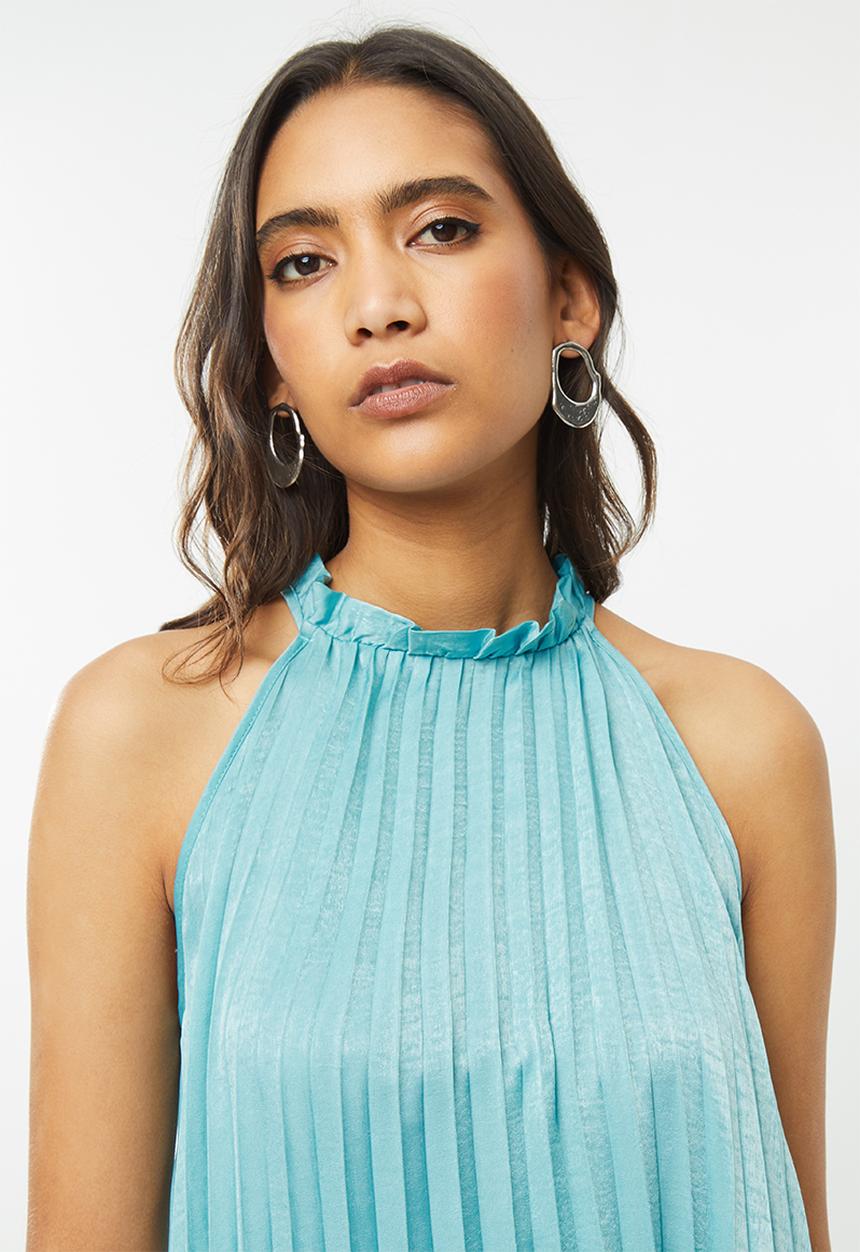 VELVET - Hammer satin pleated halter midi dress - aqua