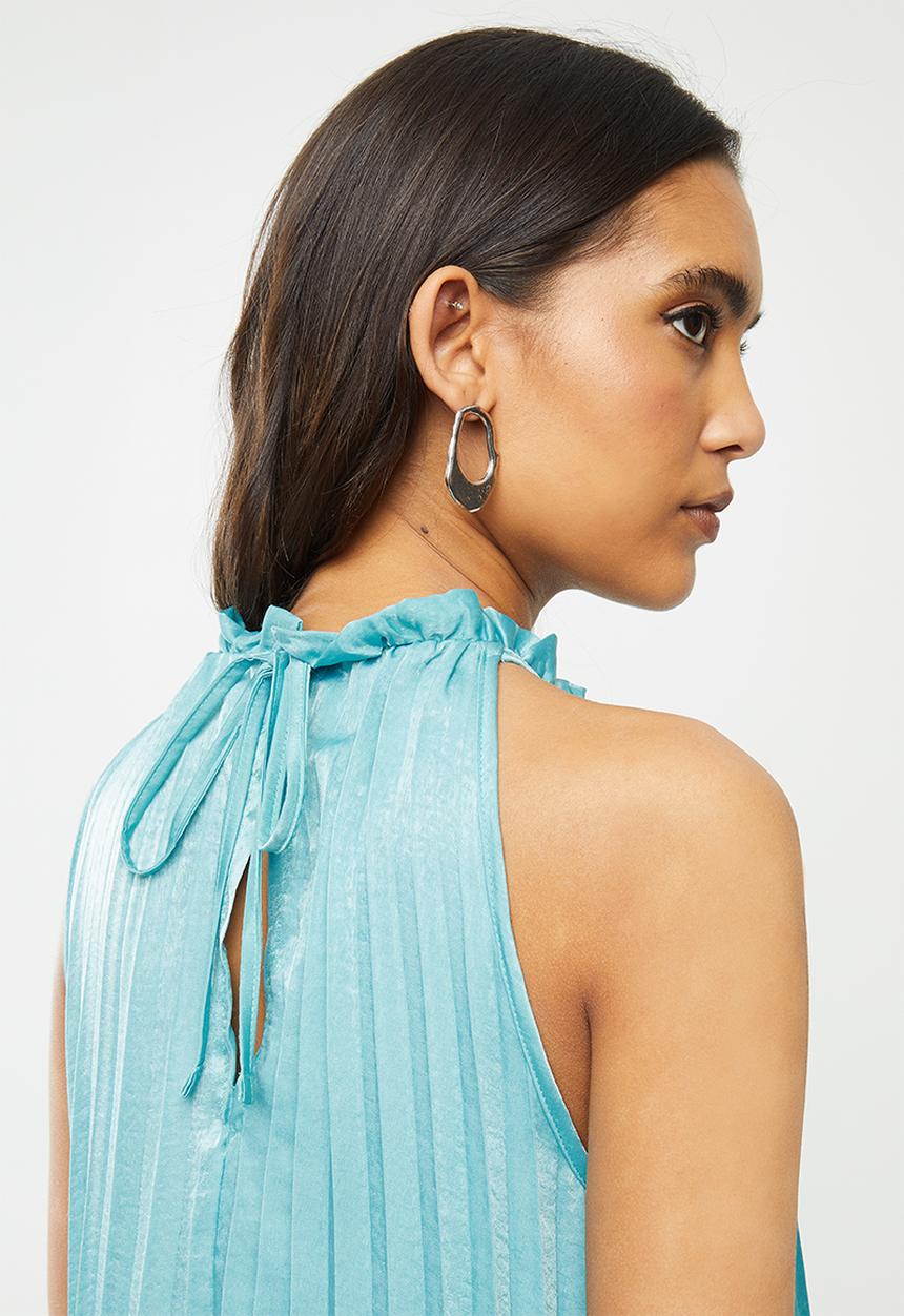 VELVET - Hammer satin pleated halter midi dress - aqua