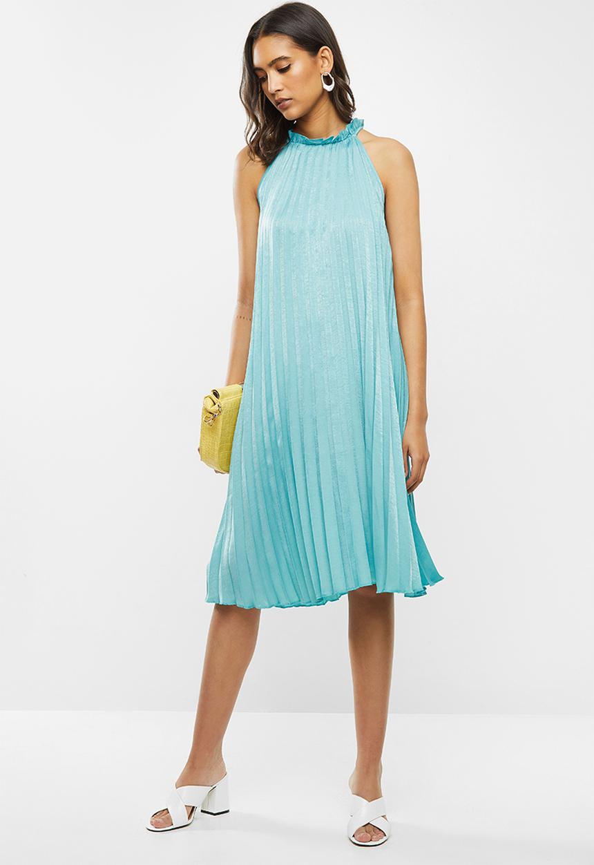 VELVET - Hammer satin pleated halter midi dress - aqua