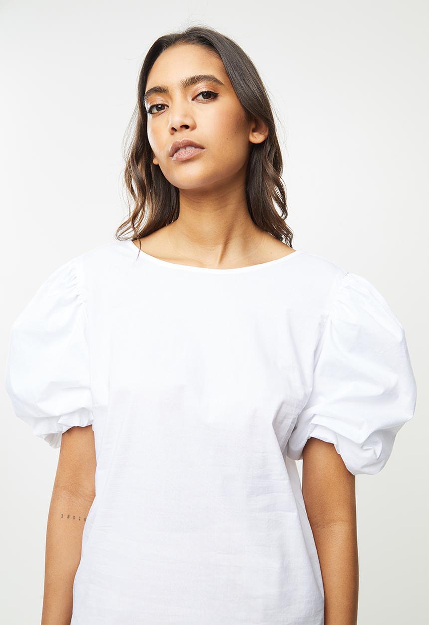 VELVET - Double puff ballon sleeve shell top - white