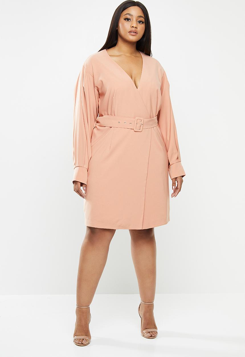 Glamorous - Plus long sleeve belted dress - pink