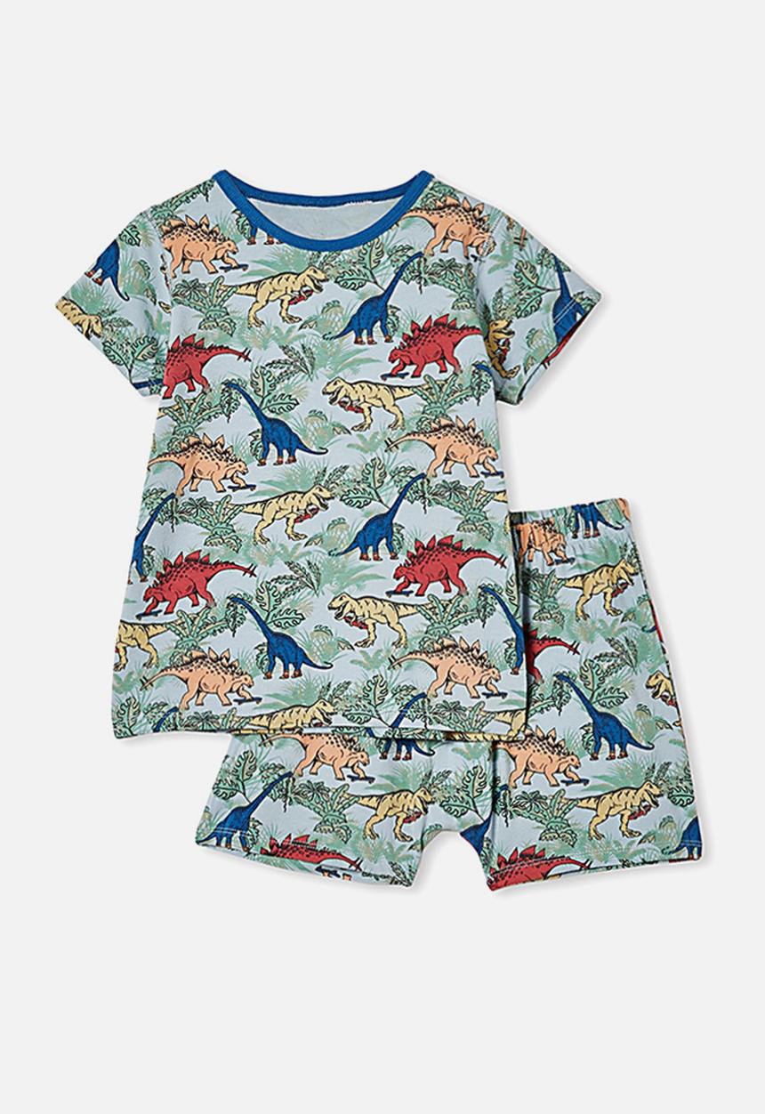 Cotton On - Hudson short sleeve pj set - colourful dinosaur frosty blue