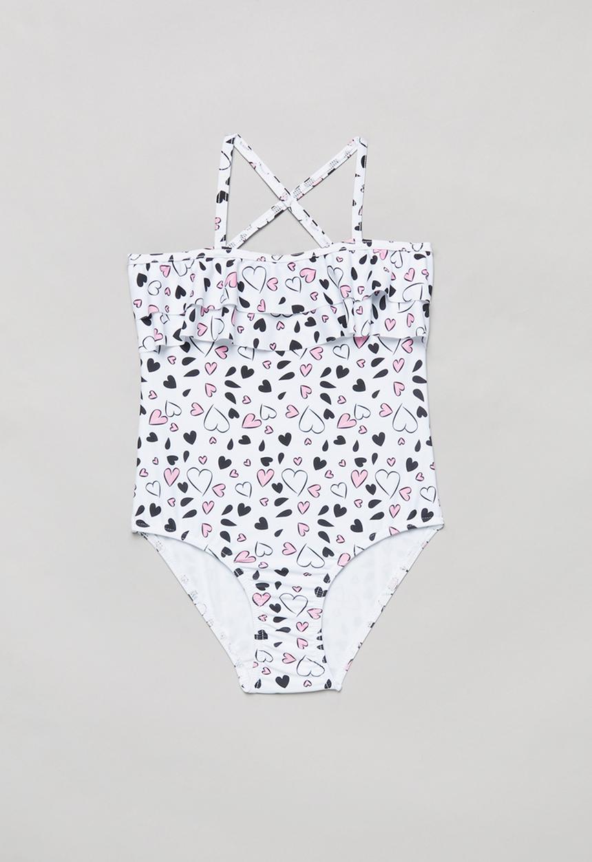 Pop Candy - Heart print one piece frill swimsuit - black & white