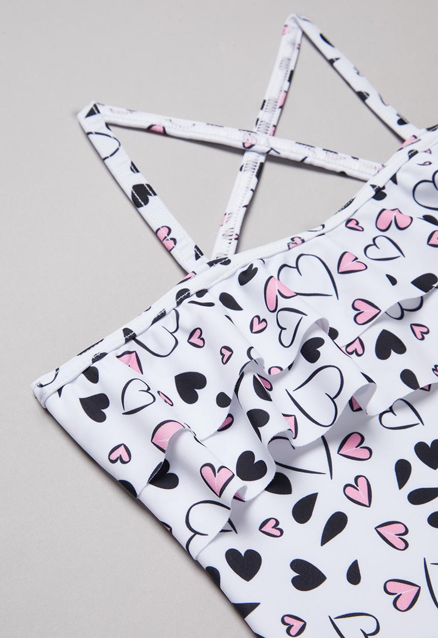 Pop Candy - Heart print one piece frill swimsuit - black & white
