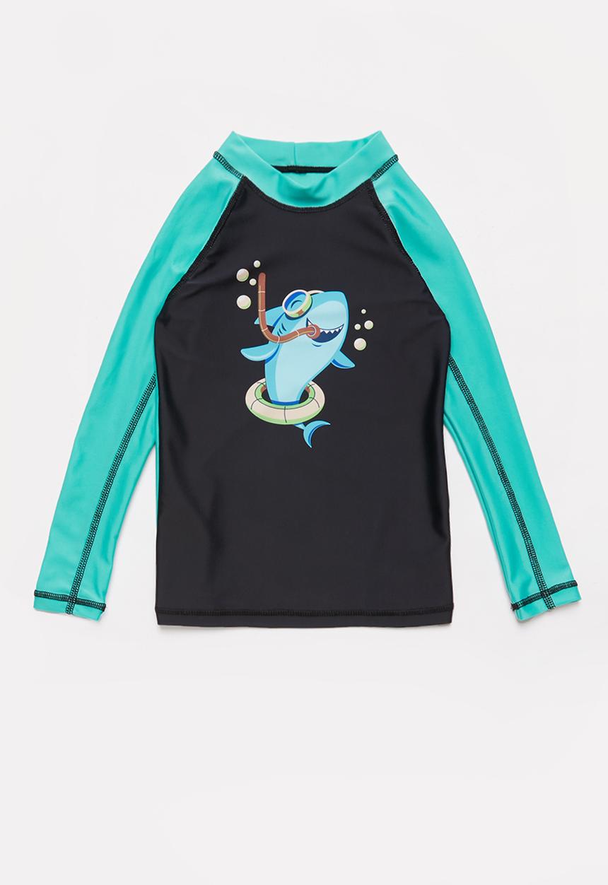 Pop Candy - Boys long sleeve rash vest - black & turquoise
