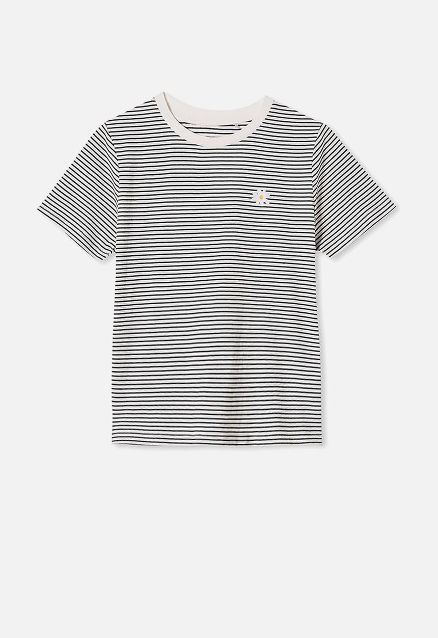 Free by Cotton On - Girls classic short sleeve tee - navy white stripe daisy