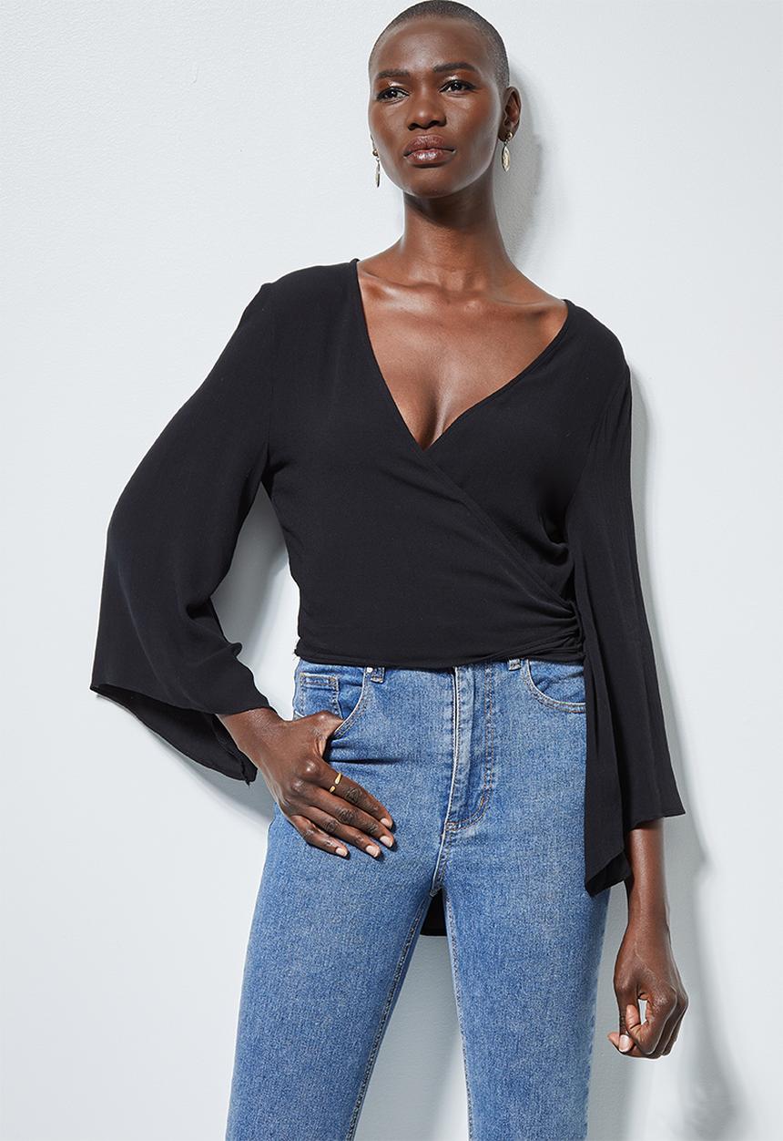 Superbalist - Wide sleeve wrap blouse - black