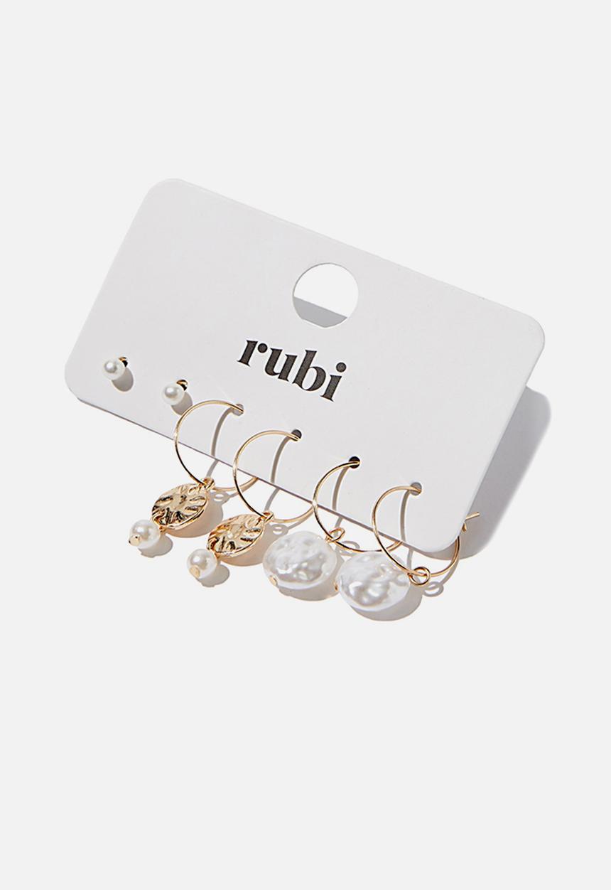 Rubi - Pearl disc mixed 3 Pack earrings - gold