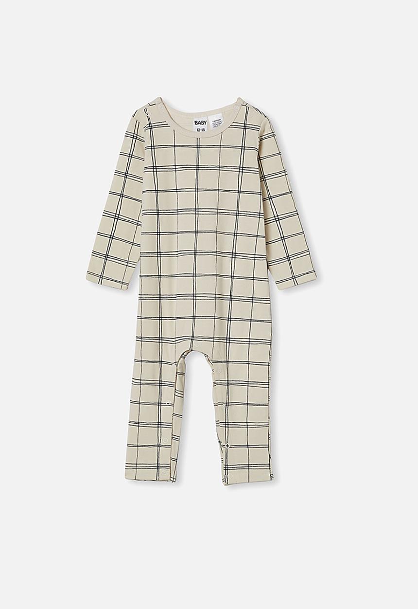 Cotton On - The long sleeve snap romper - dark vanilla sketchy grid