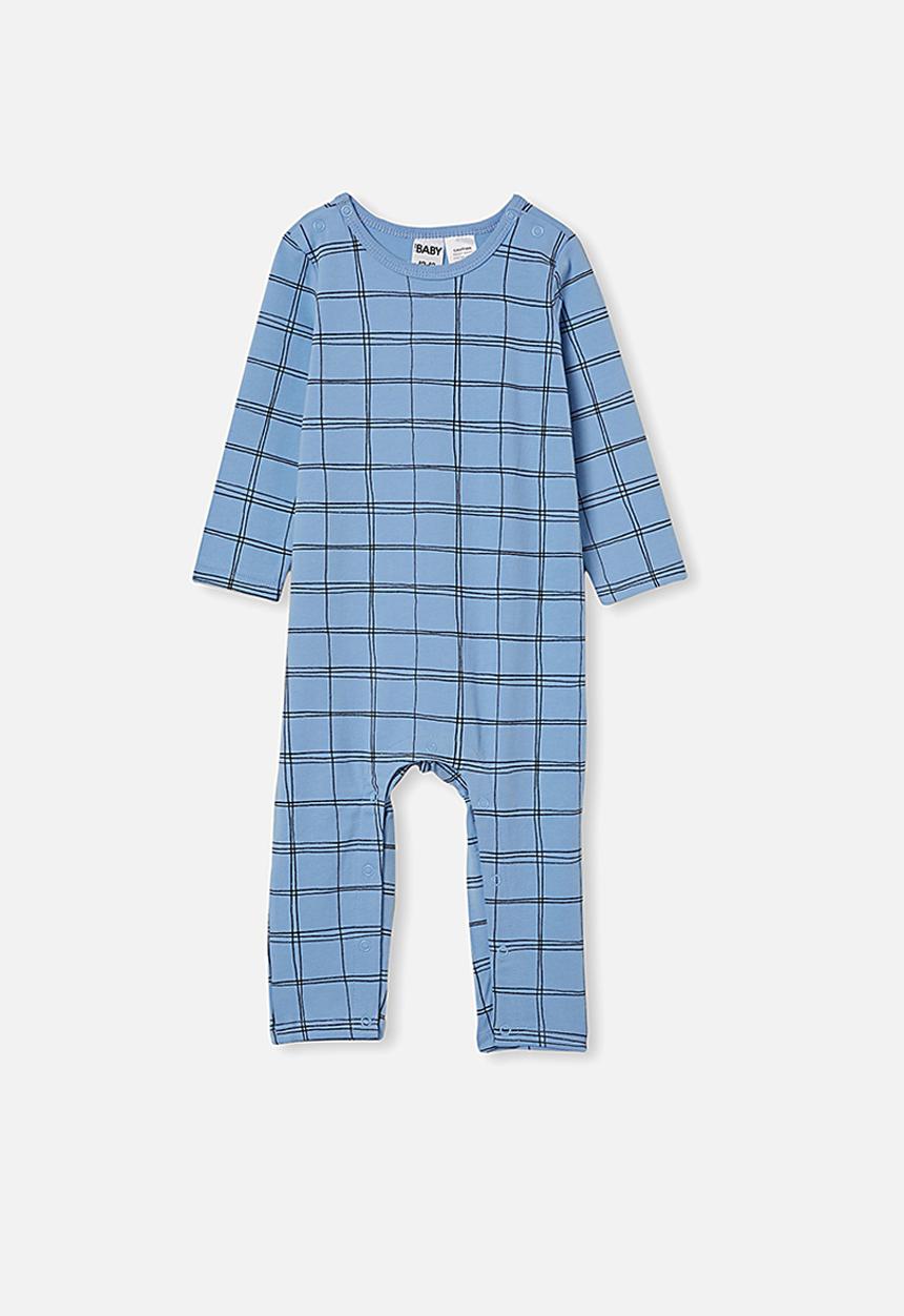 Cotton On - The long sleeve snap romper - powder puff blue sketchy grid