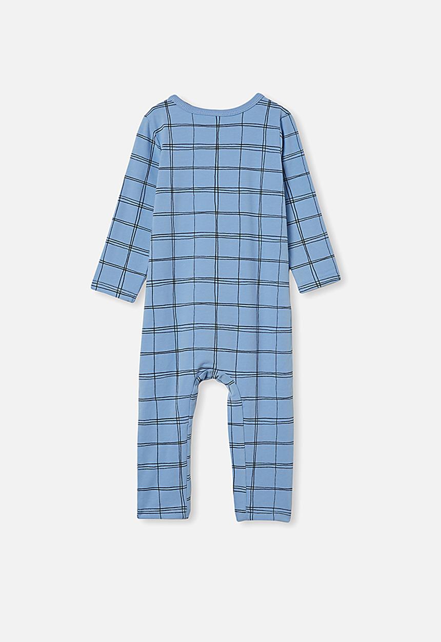 Cotton On - The long sleeve snap romper - powder puff blue sketchy grid