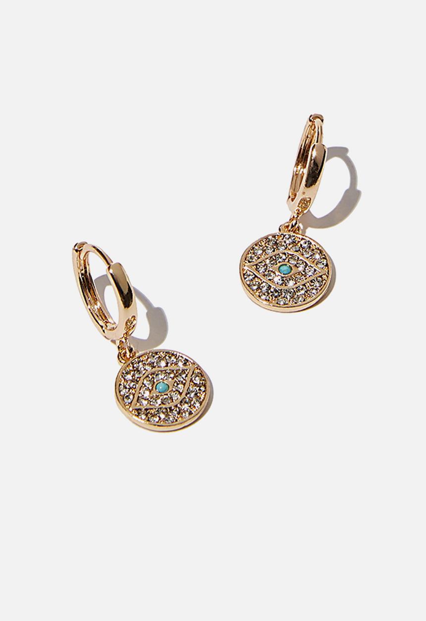 Rubi - Ear party huggie hoops - gold diamante evil eye