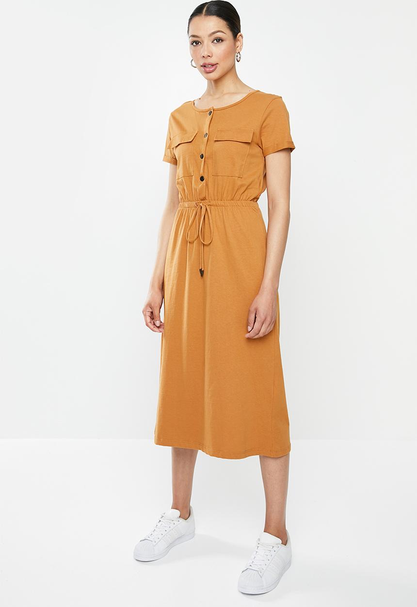Brave Soul - Short sleeve tie waist midi - rust