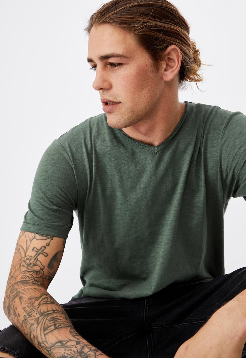 Cotton On - Slub v neck tee - forest green
