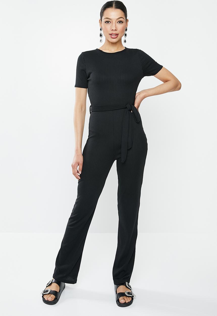 Missguided - Rib short sleeve flare leg jumpsuit - black