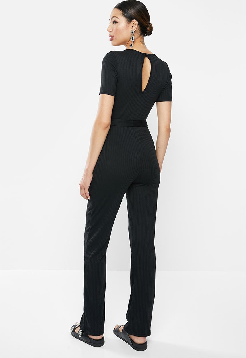 Missguided - Rib short sleeve flare leg jumpsuit - black