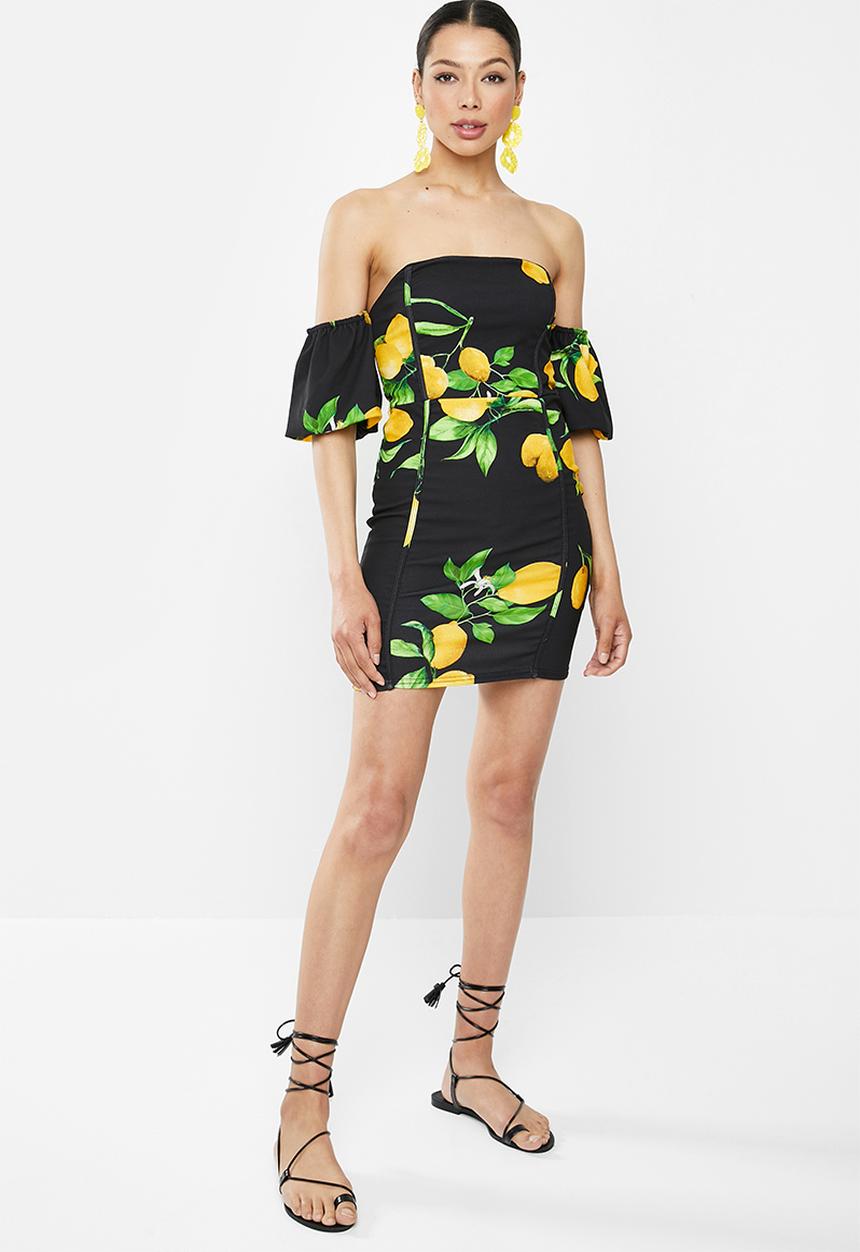 Missguided - Lemon print bardot mini dress - black