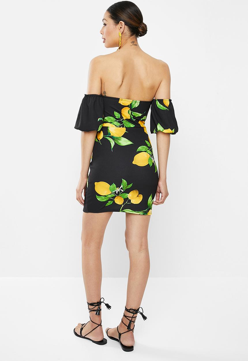 Missguided - Lemon print bardot mini dress - black