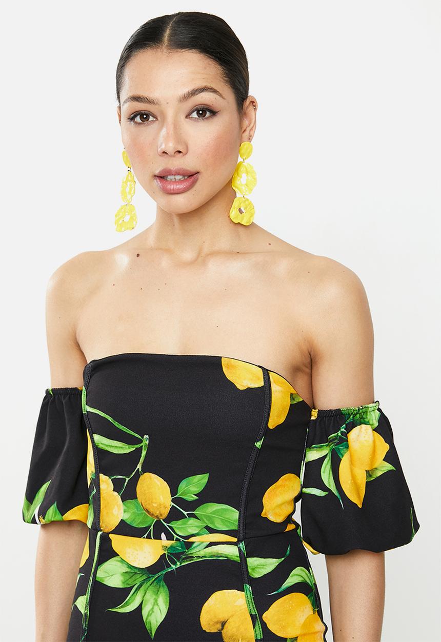 Missguided - Lemon print bardot mini dress - black