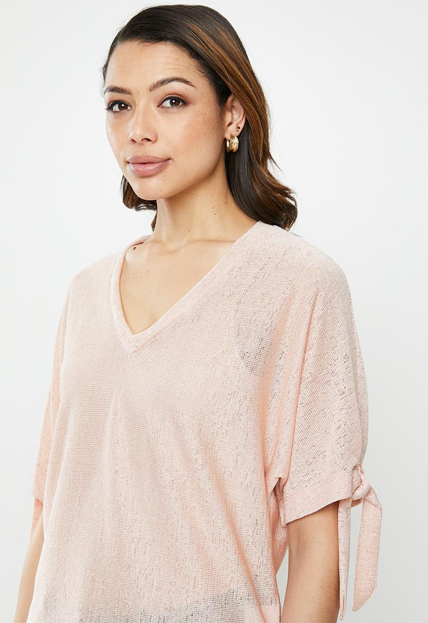 edit - Tie sleeve linen blend tee - light pink