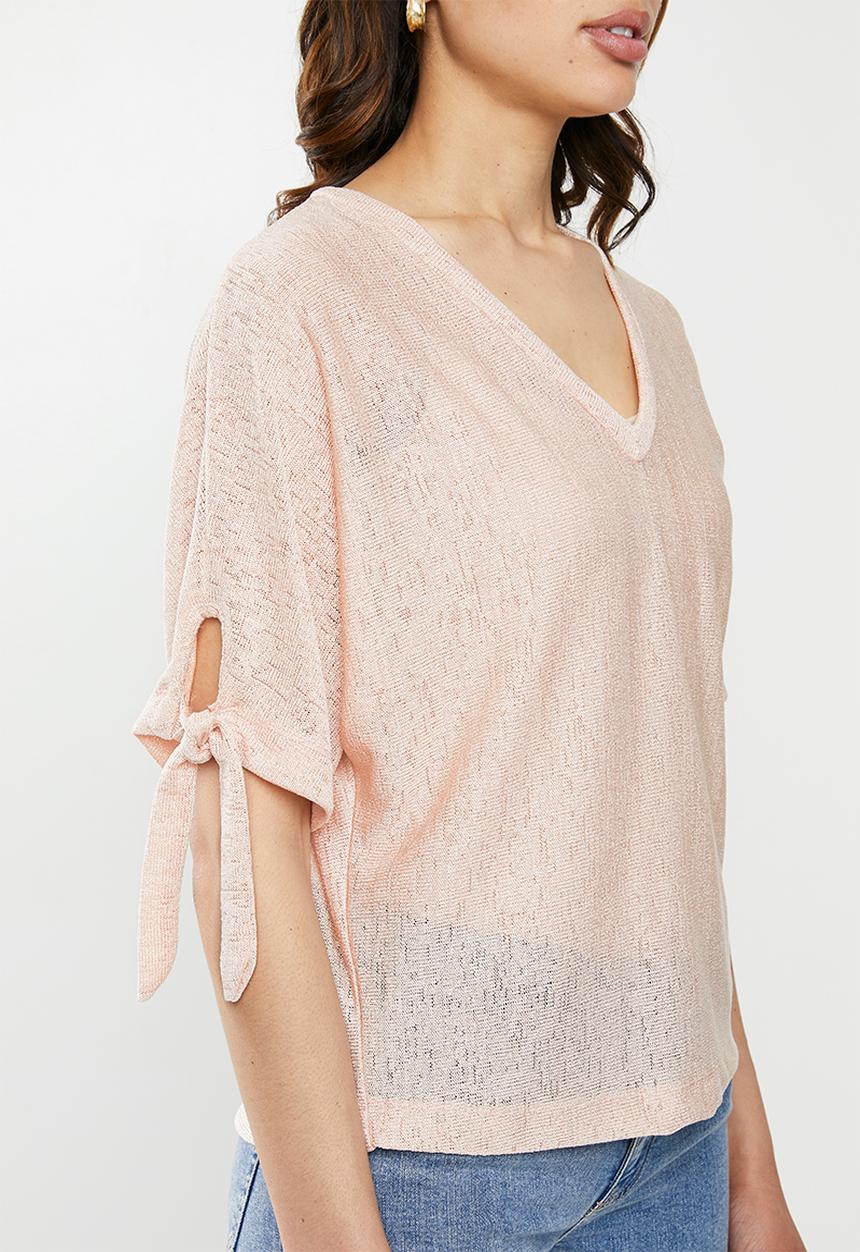 edit - Tie sleeve linen blend tee - light pink