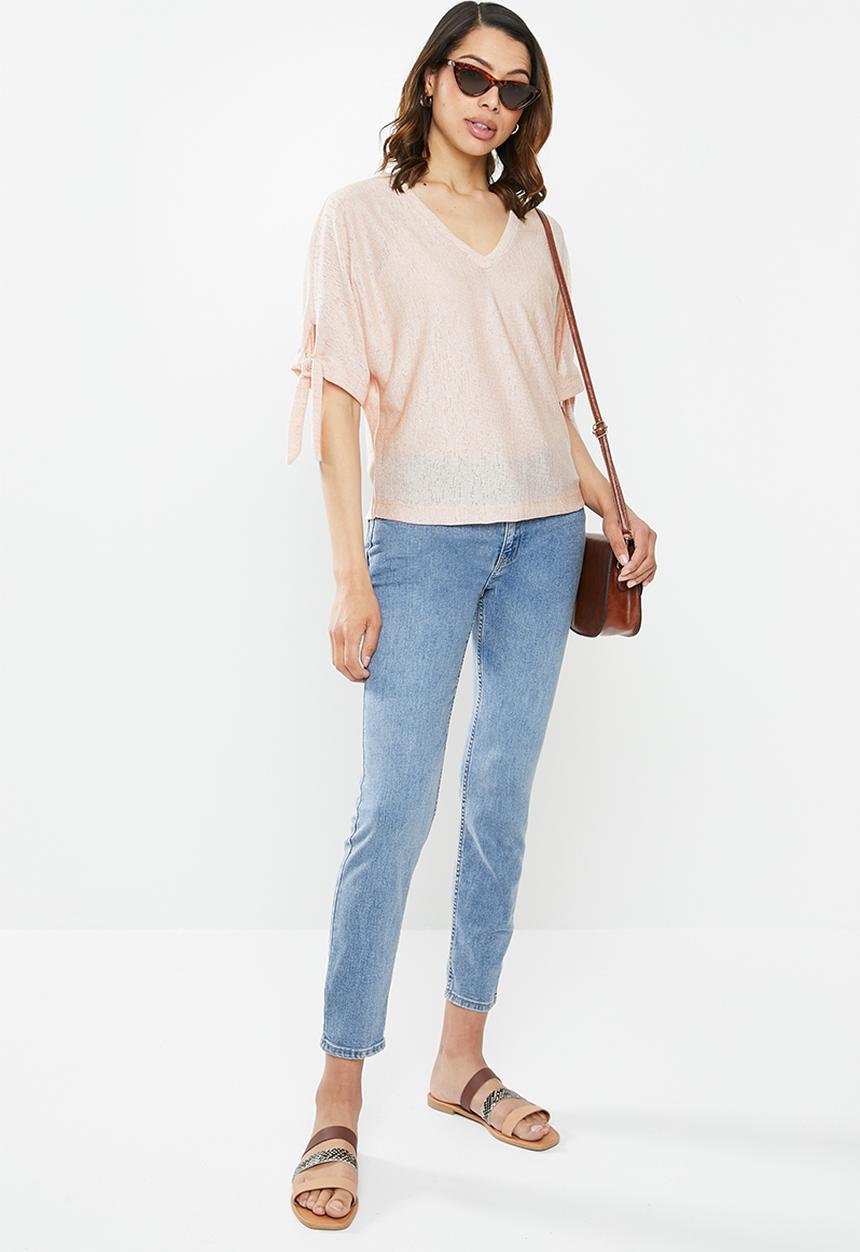 edit - Tie sleeve linen blend tee - light pink