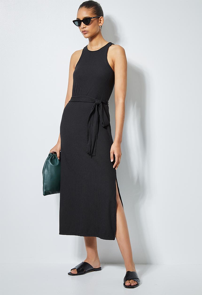 Superbalist - Cutaway belted rib bodycon - black