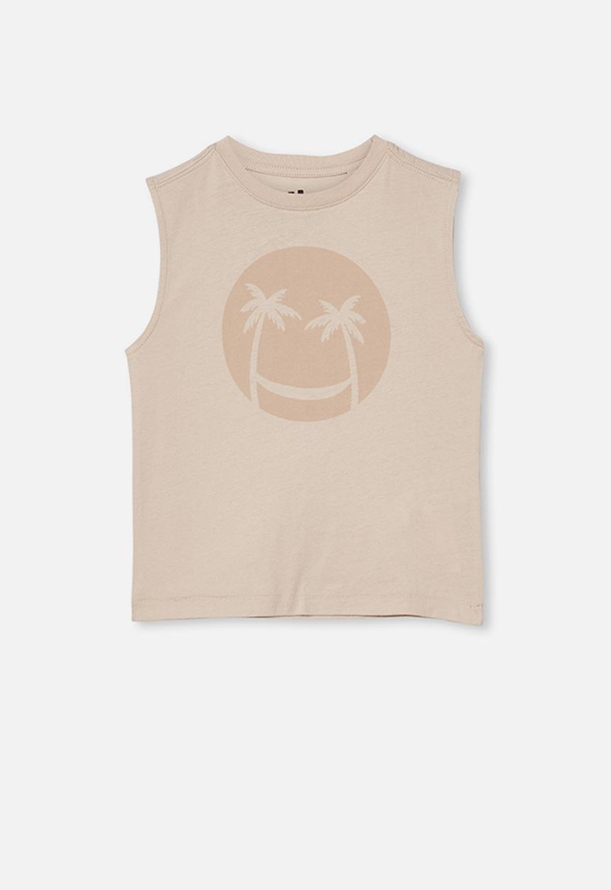 Cotton On - Otis muscle tank - rainy day smile palm tree