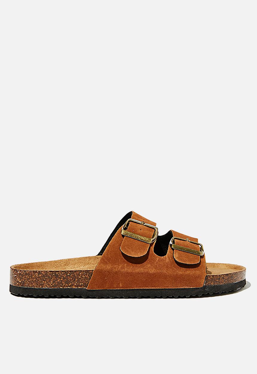 Cotton On - Rex double buckle slide - tobacco rough micro