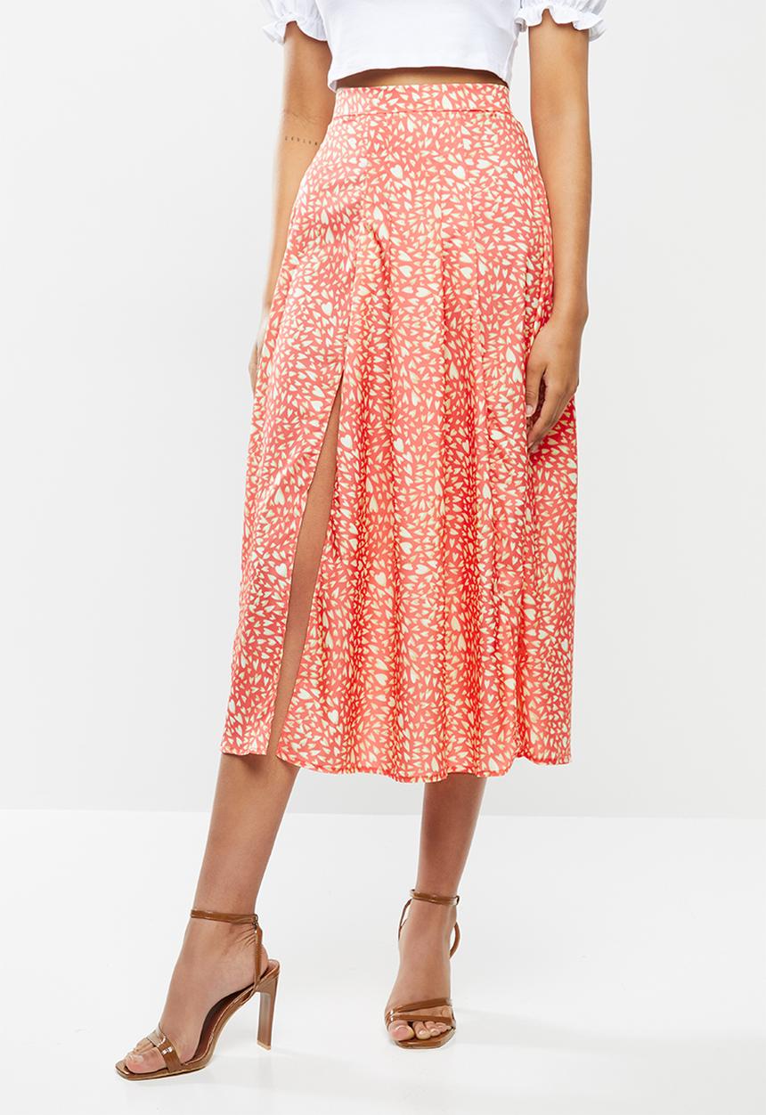 Glamorous - Printed heart midi split skirt - pink & yellow
