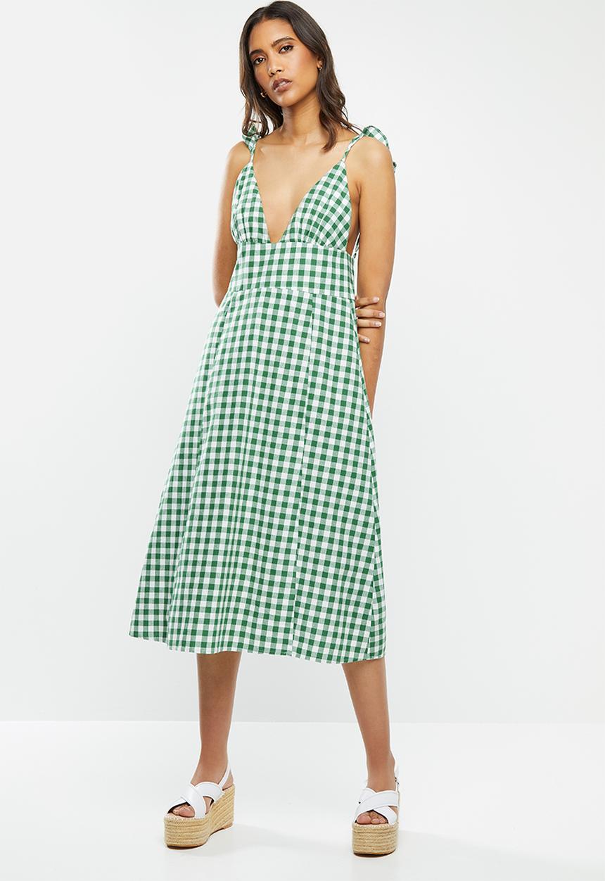Glamorous - Shoulder tie v-neck dress - green & white