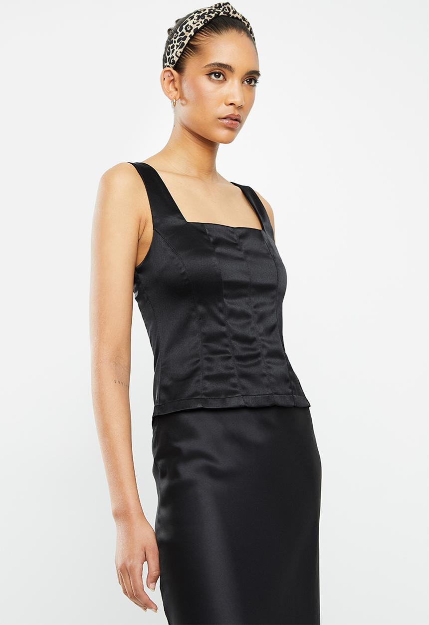 VELVET - Satin square neck corset top - black