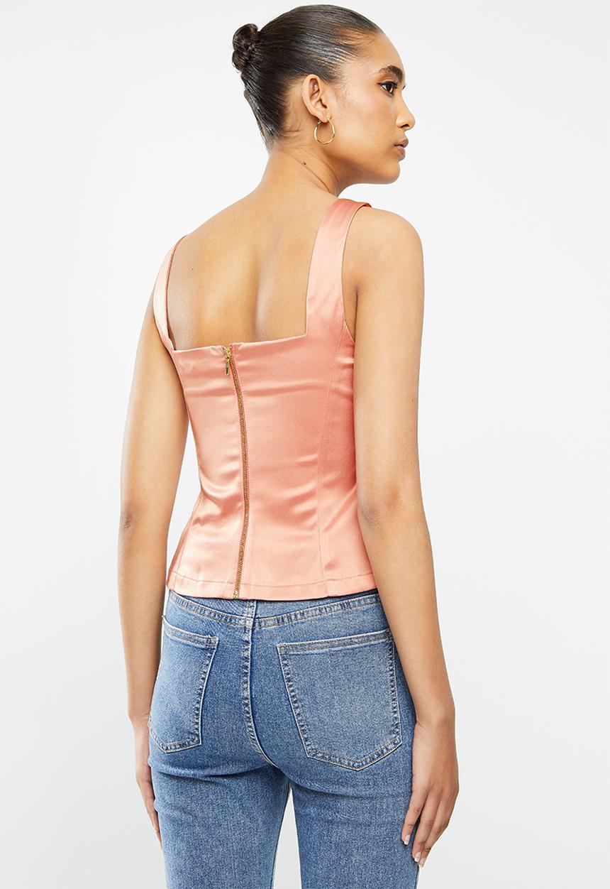 VELVET - Satin square neck corset top - pink 