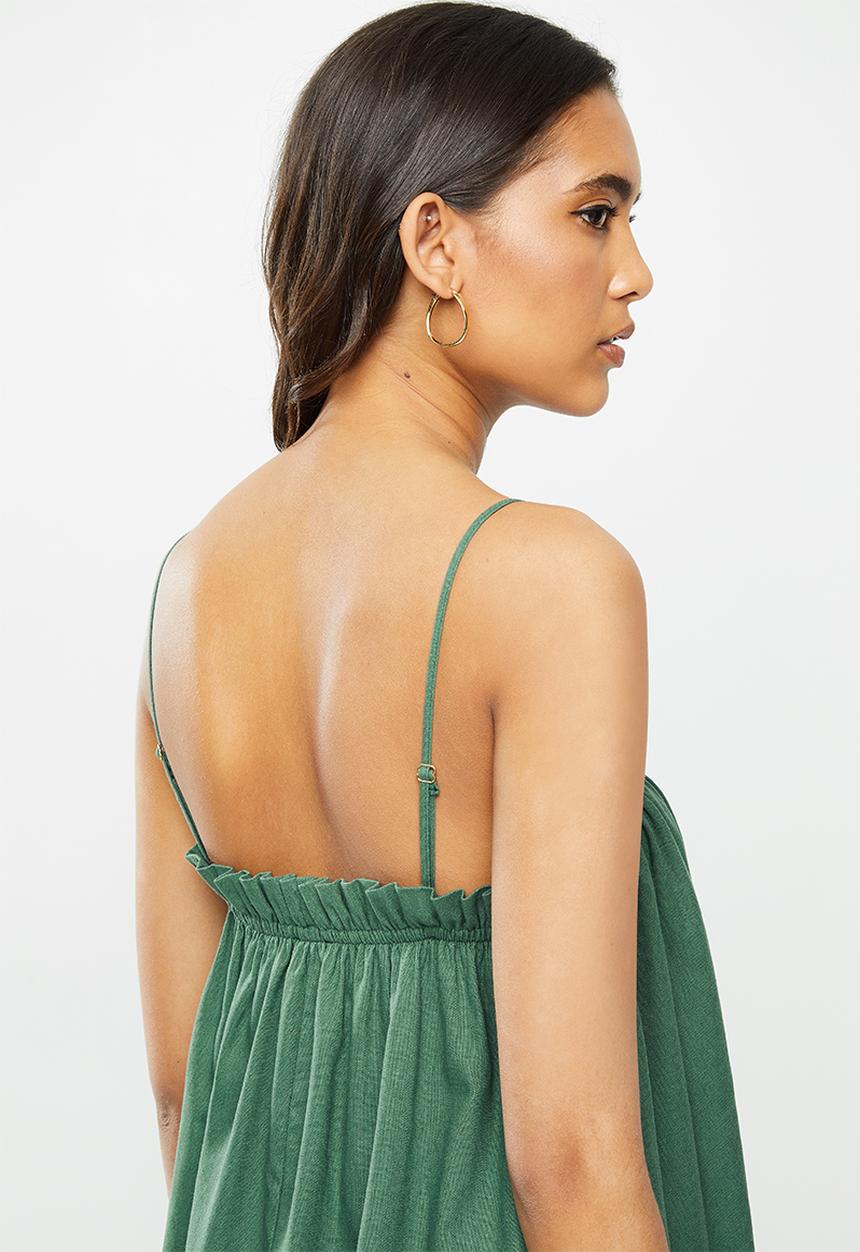 VELVET - Linen trapeze strappy mini - green