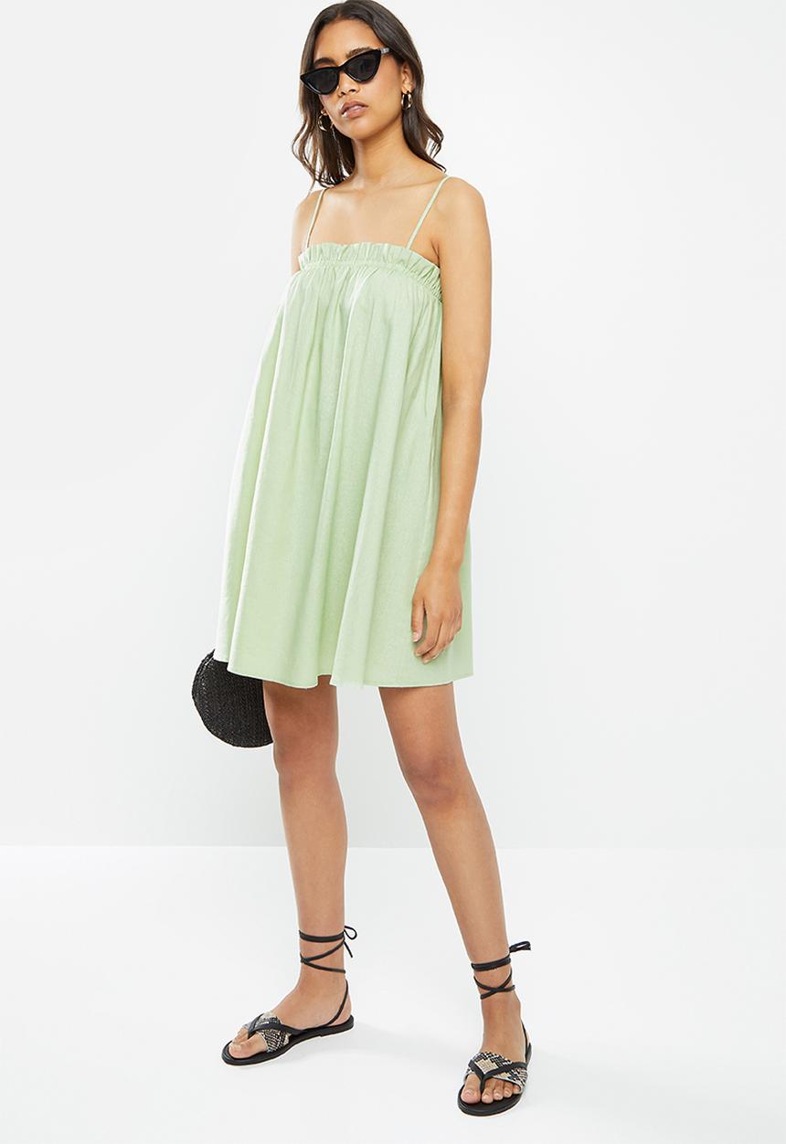 VELVET - Linen trapeze strappy mini - sage