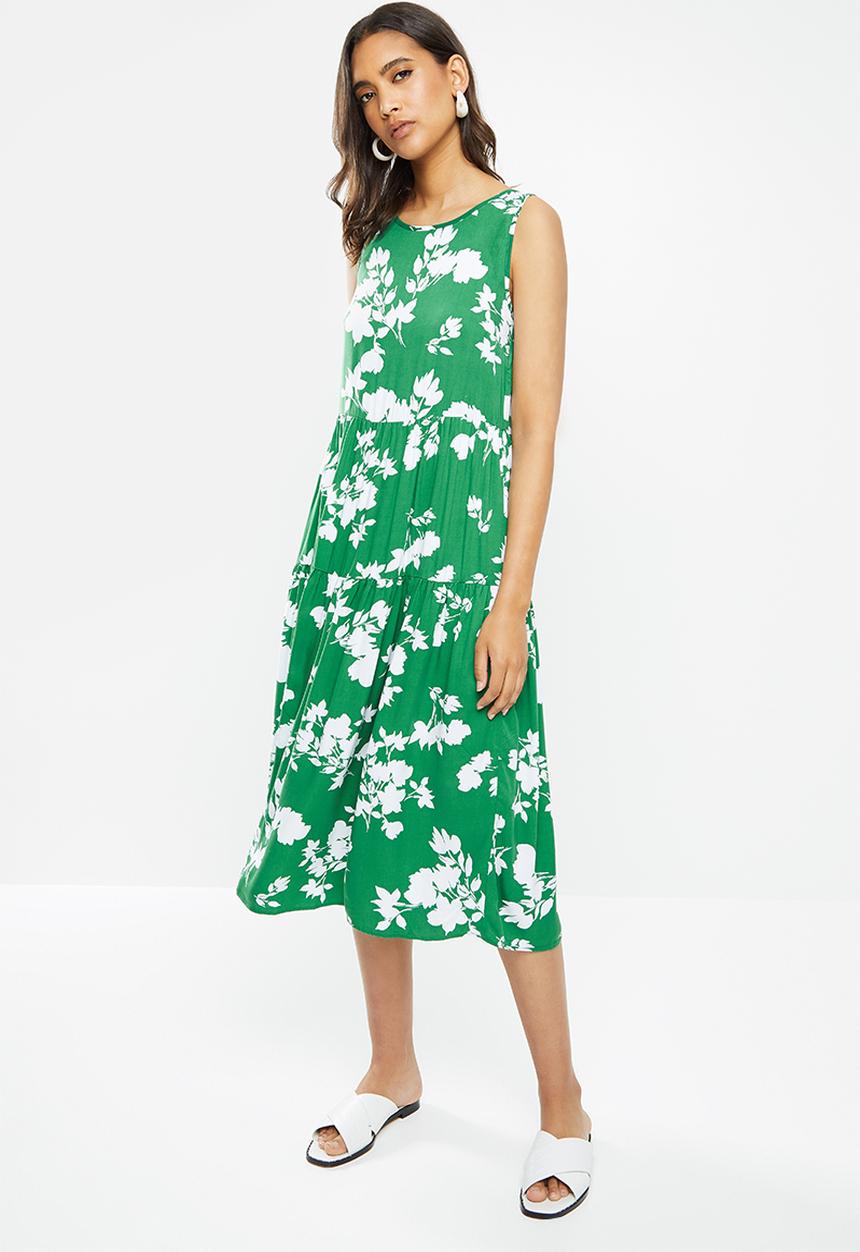 VELVET - Tiered backless midi dress - green & white 