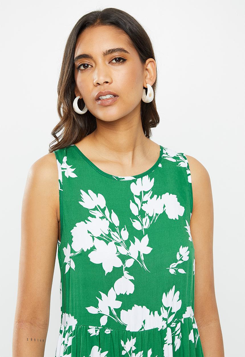 VELVET - Tiered backless midi dress - green & white 