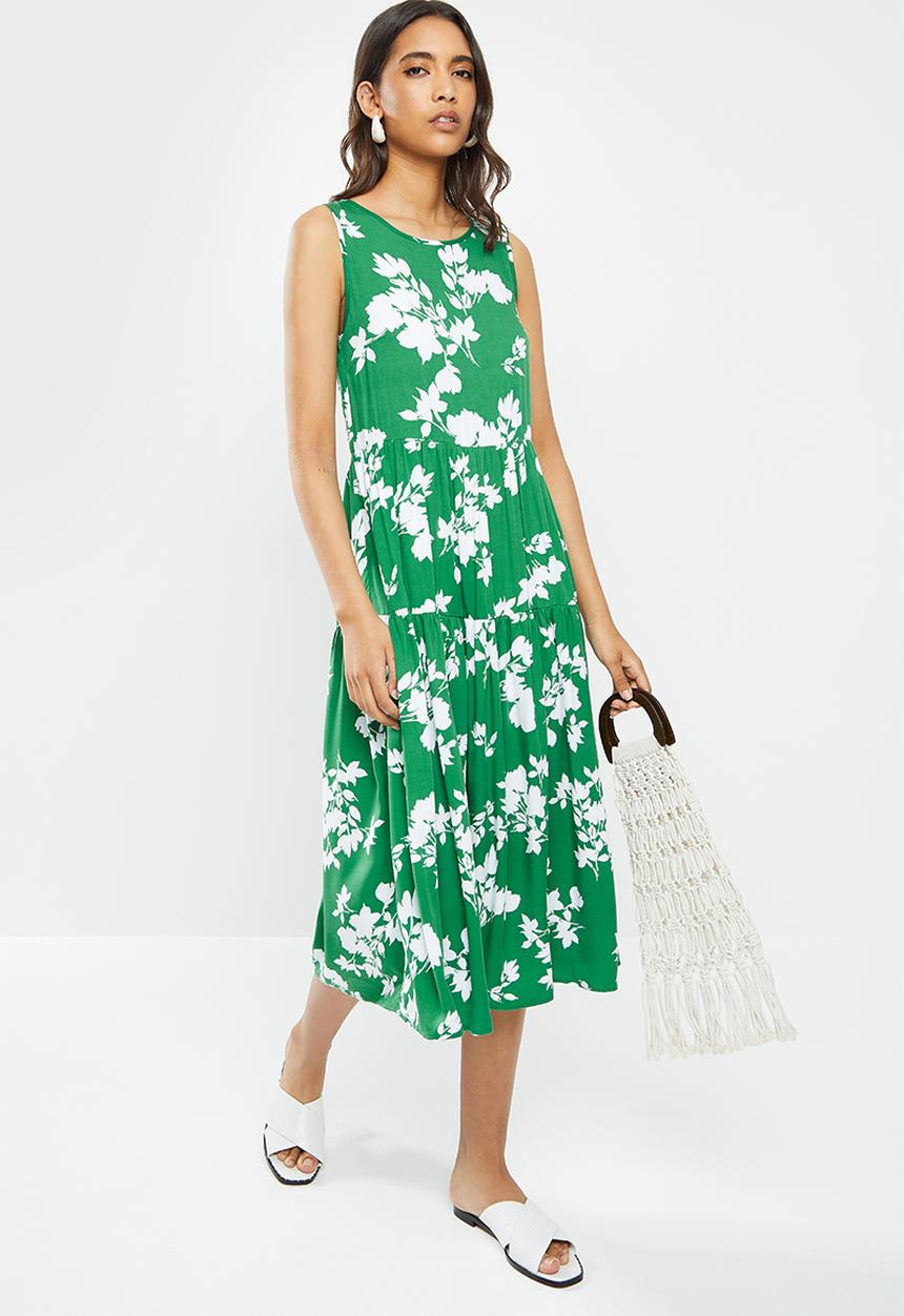 VELVET - Tiered backless midi dress - green & white 