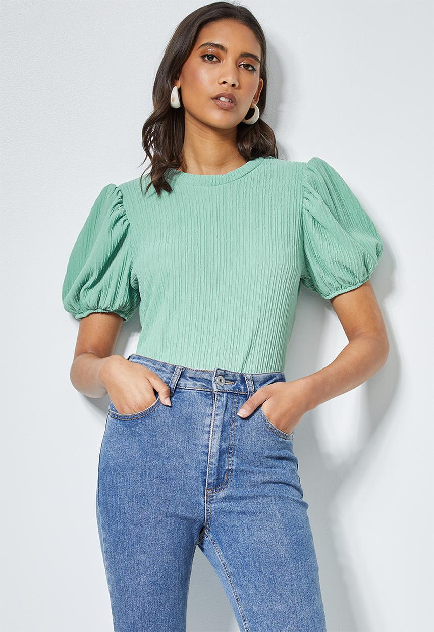 Superbalist - Texture knit puff sleeve top - green