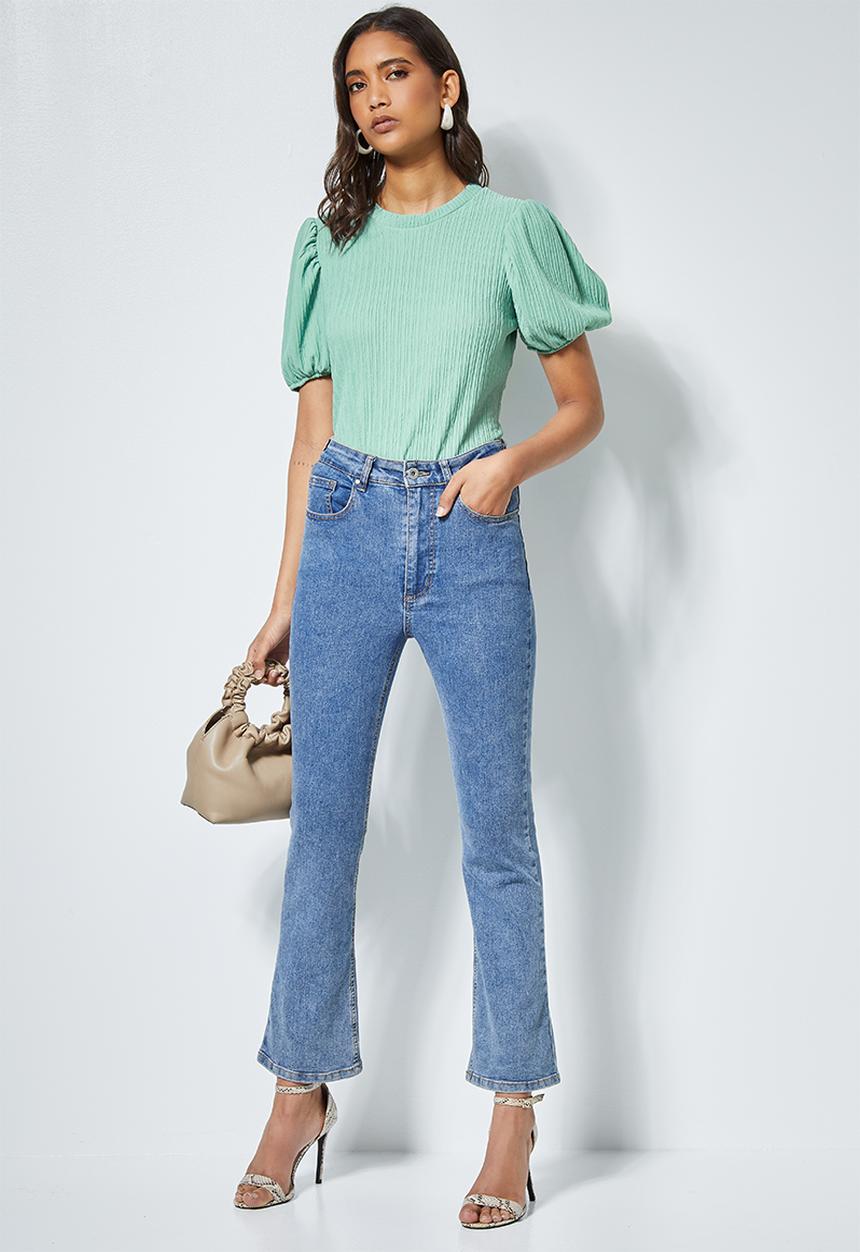 Superbalist - Texture knit puff sleeve top - green