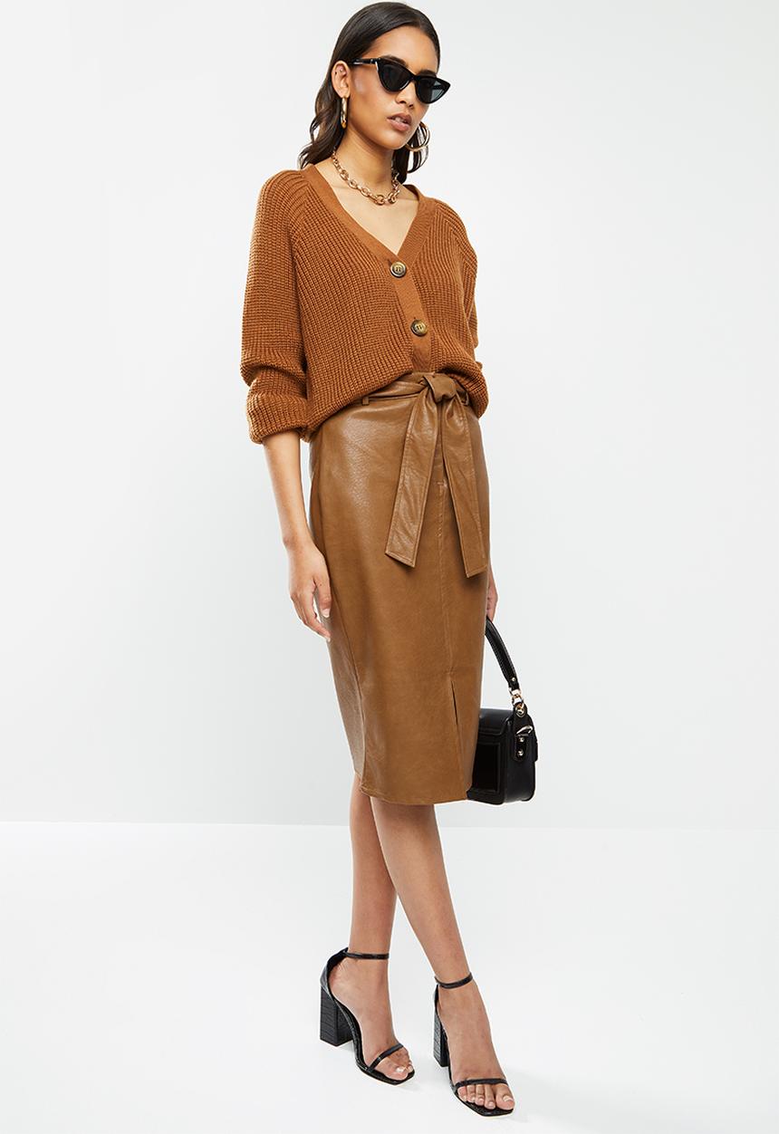 Glamorous - Pu midi skirt with tie waist - brown
