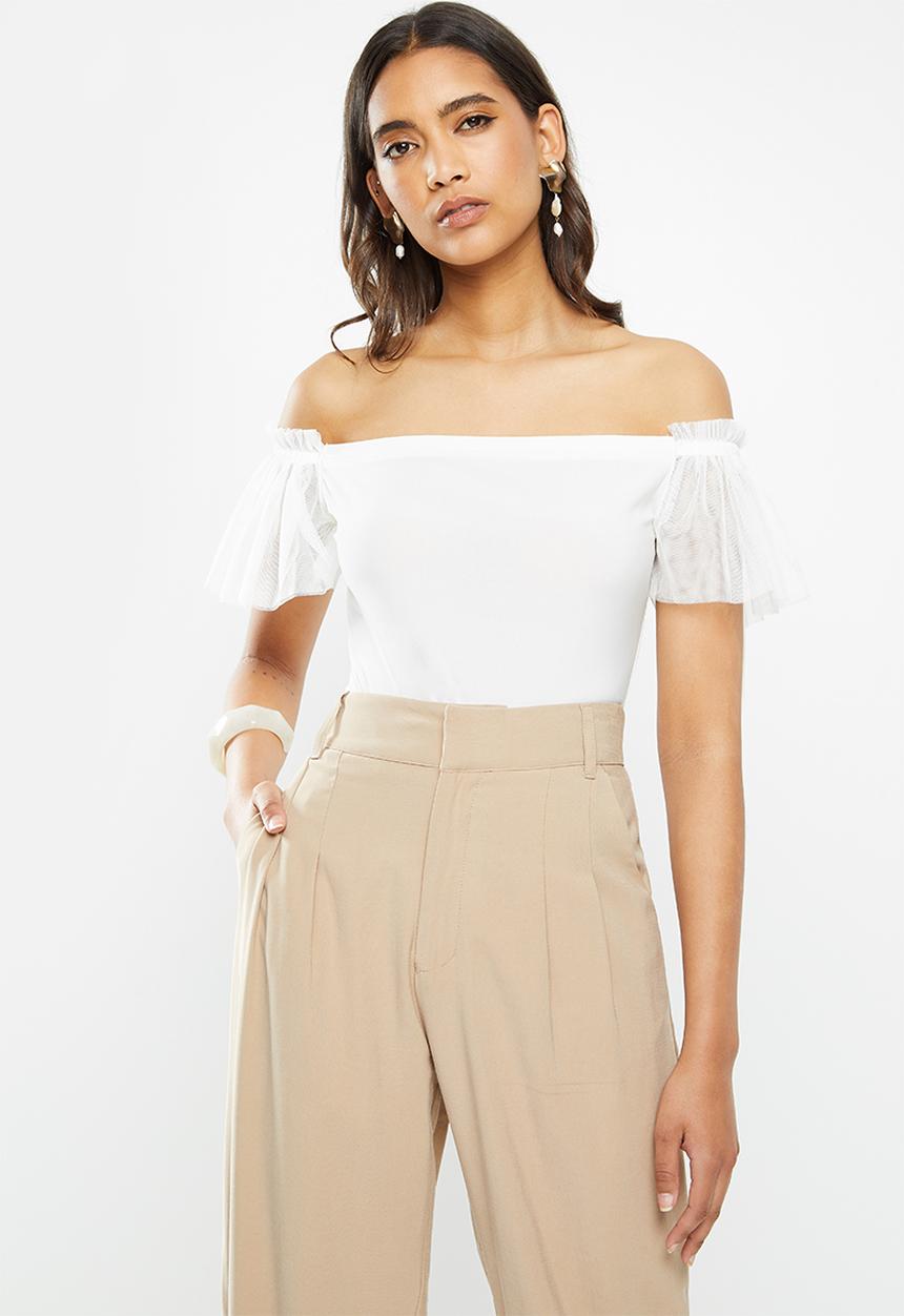 VELVET - Bardot frill sleeve combo bodysuit - white